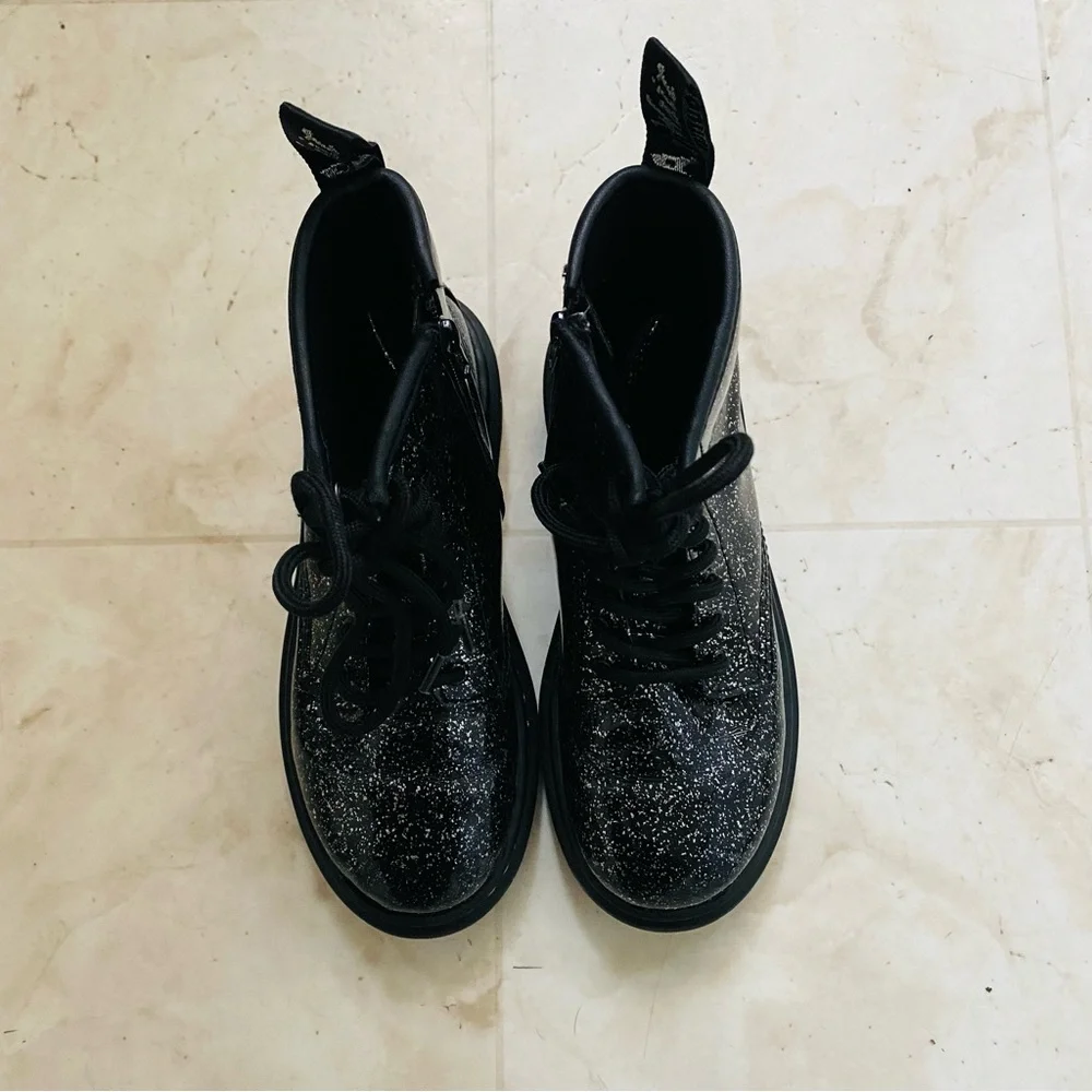 $75 Dr. Martens Junior 1460 Black Cosmic Silver Glitter Lace Up Zipper Boots 2